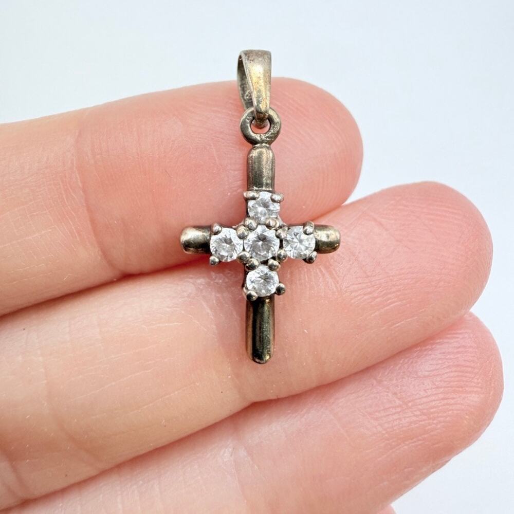 Vintage Sterling Silver Cross Pendant With Cubic Zirconia Small Dainty